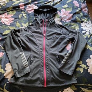 Helly Hansen hooded zip-up, charcoal grey with pink and light grey accents, EUC